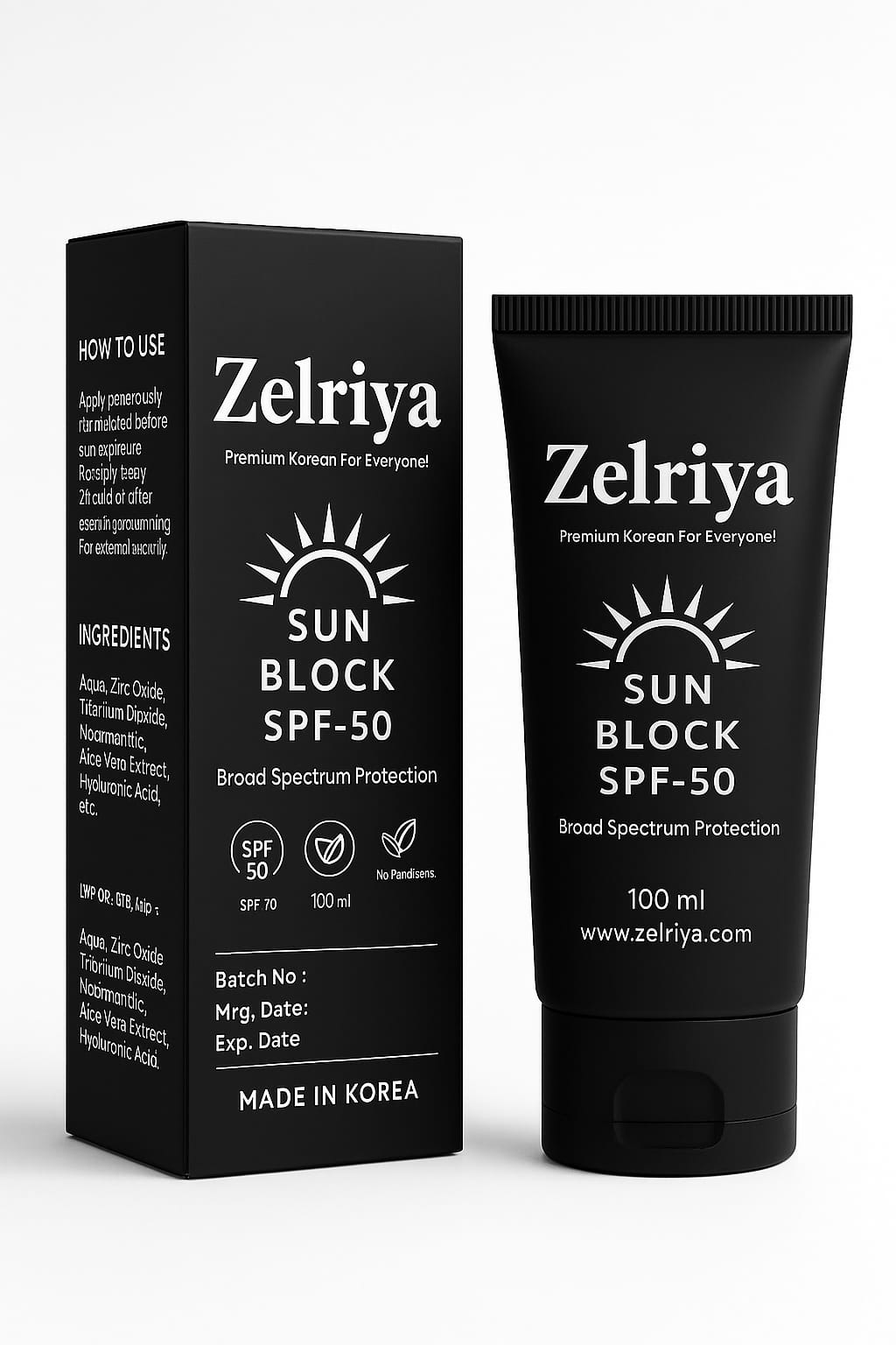 Zelriya Sun Block SPF 50 – Broad Spectrum UVA/UVB Protection with Green Tea, Rice & Oat Extracts (100ml)
