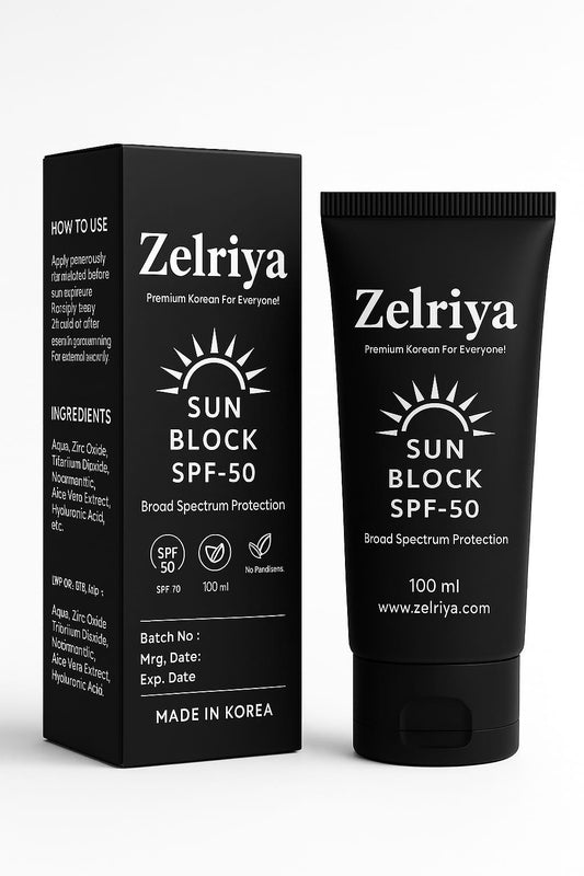 Zelriya Sun Block SPF 50 – Broad Spectrum UVA/UVB Protection with Green Tea, Rice & Oat Extracts (100ml)